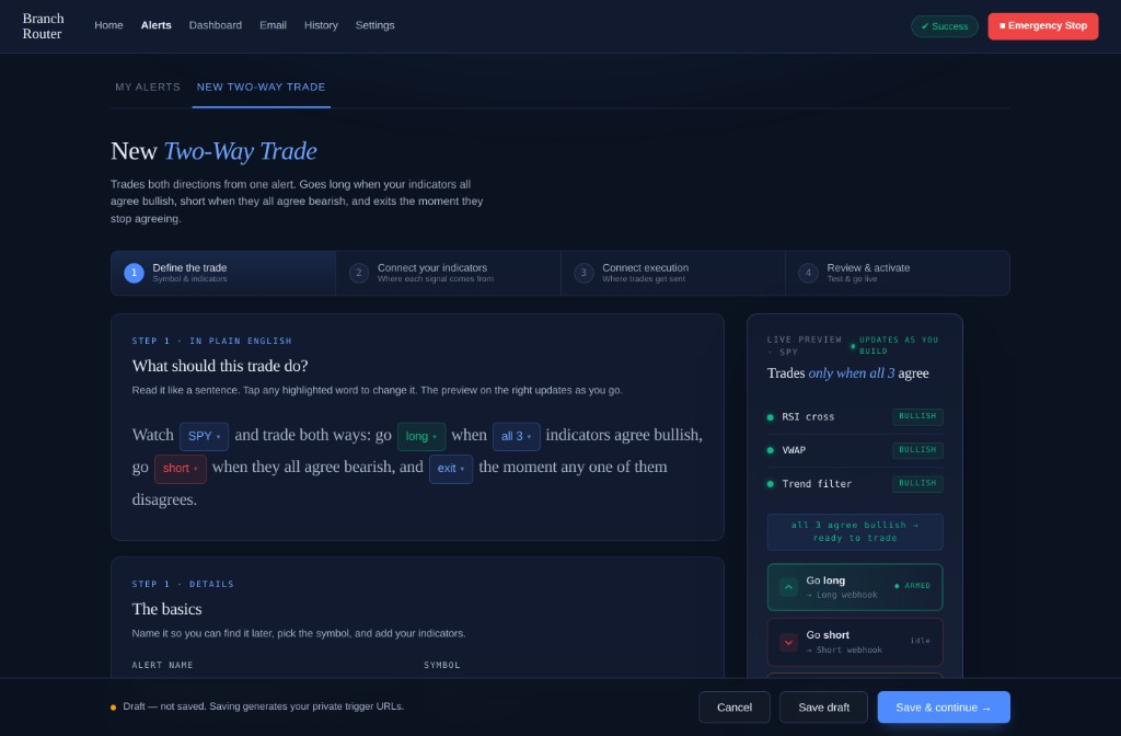 Branch Router alert setup — building a two-way trade in plain English with a live logic preview